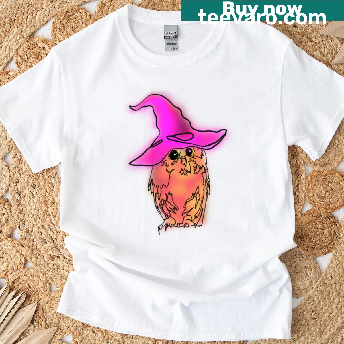 Cute owl in a pink witch hat on Halloween T-shirt — on a men's t-shirt