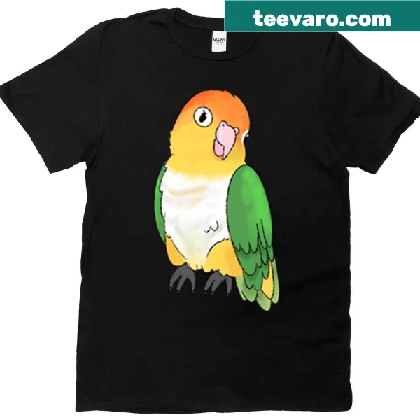 Kawaii illustration of a white-bellied caique parrot on a t-shirt