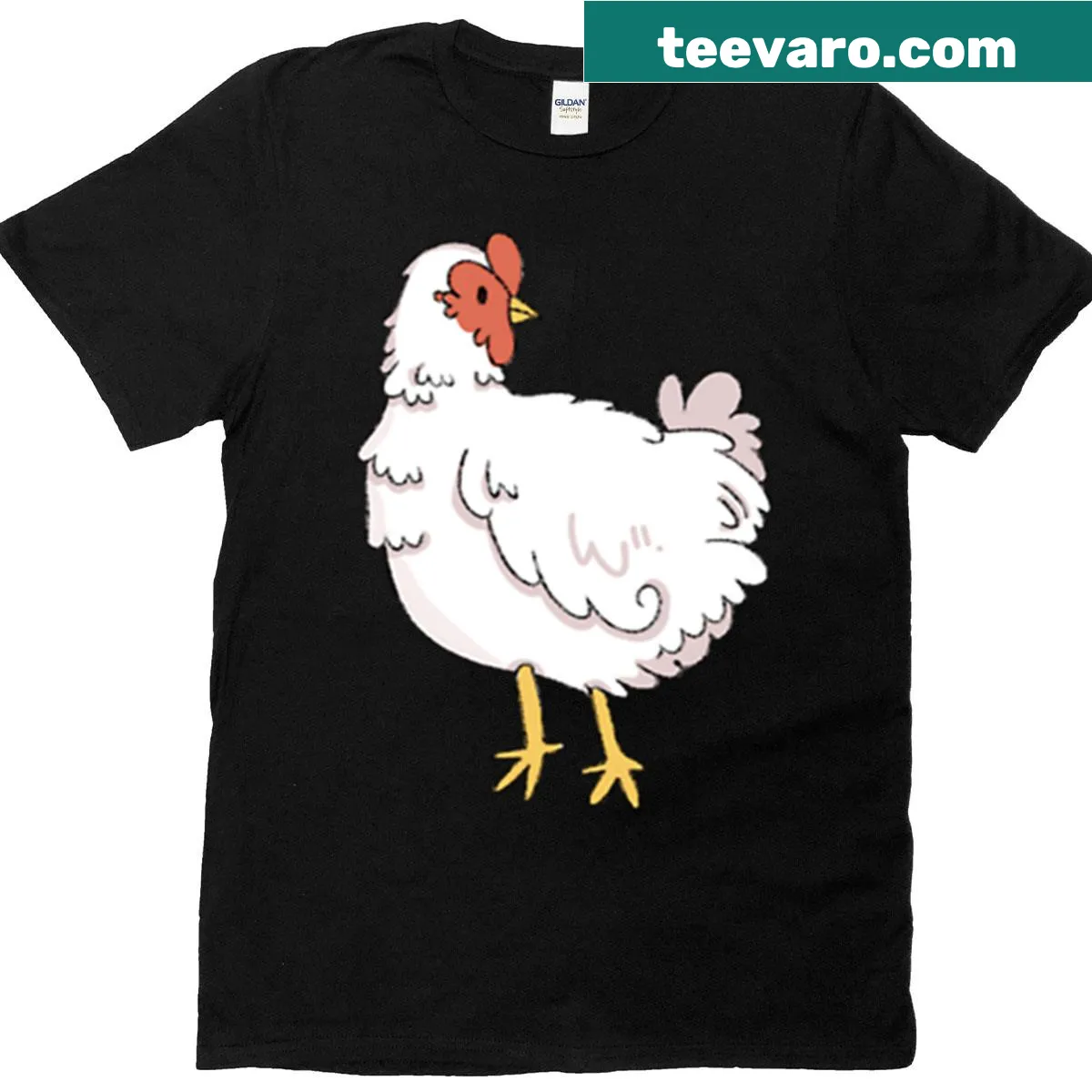 Cute illustration of a white chicken on a T-shirt — on a men's t-shirt