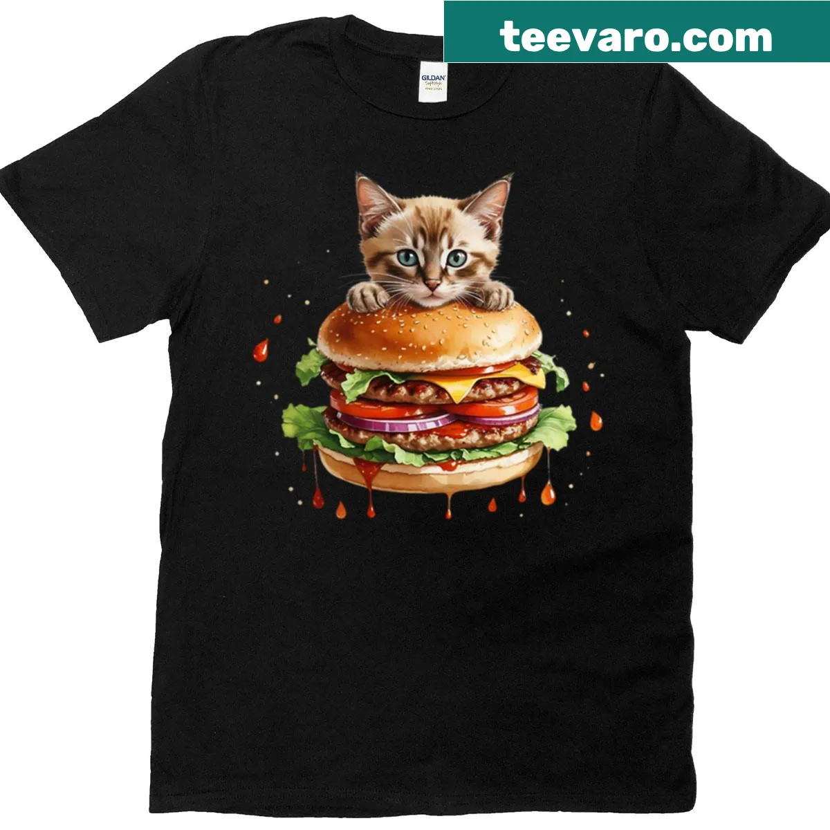 Funny T-shirt with an illustration of a cat and a burger — on a men's t-shirt
