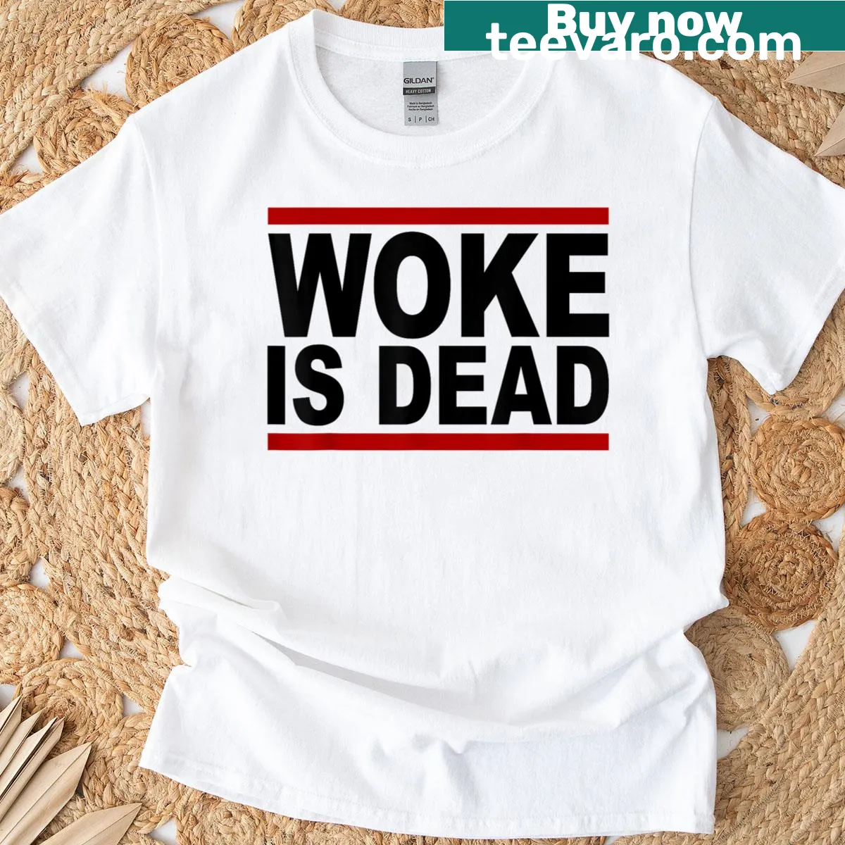 Bold 'Woke Is Dead' text shirt, a humorous declaration — on a men's t-shirt