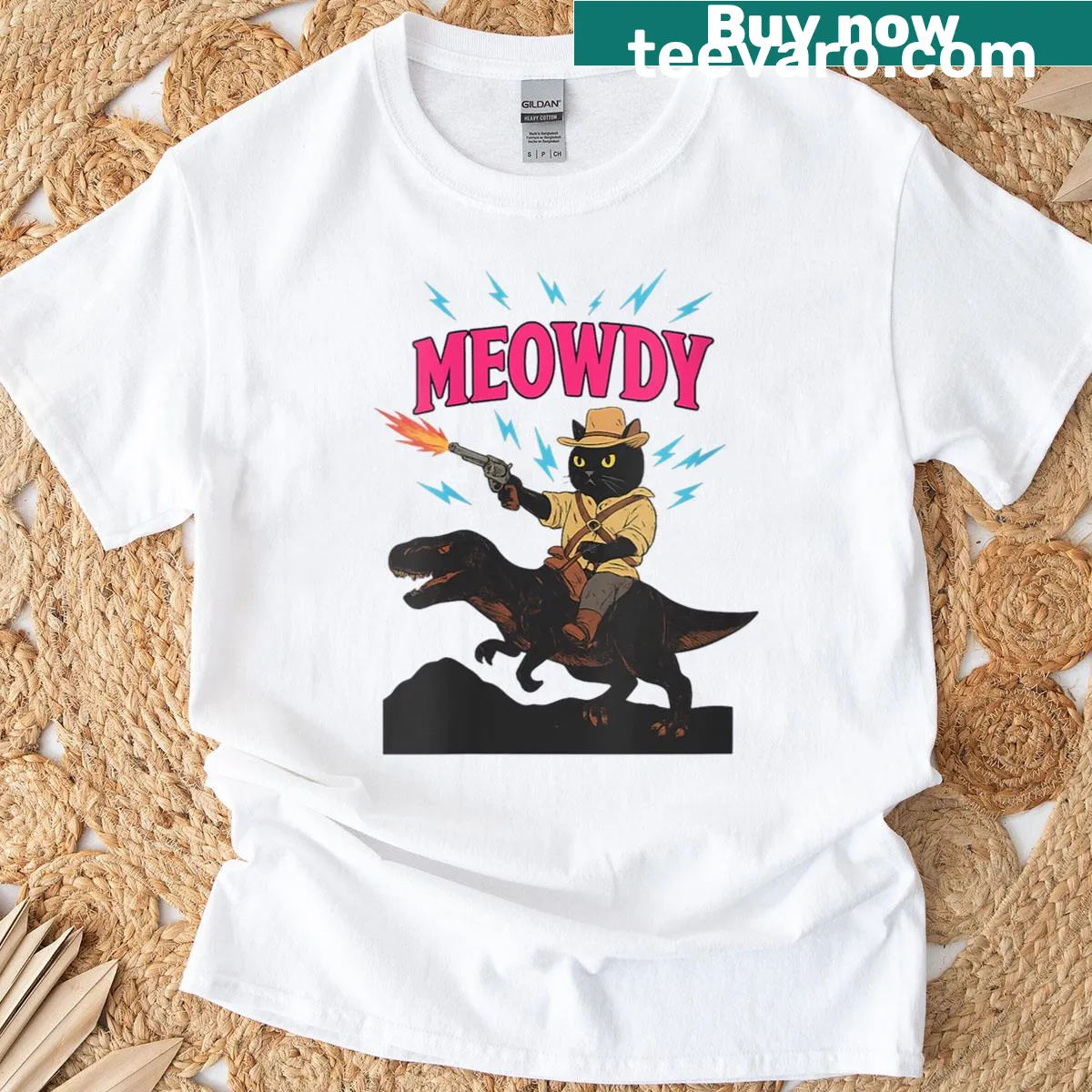 Cartoon cat riding a dinosaur on a T-shirt — on a men's t-shirt