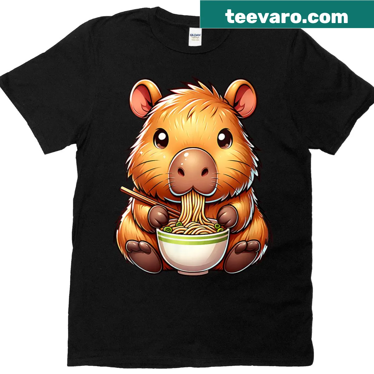 Cute capybara and turtle graphic T-shirt with ramen backpack design — on a men's t-shirt
