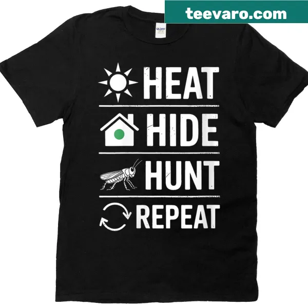 Funny T-shirt for leopard gecko owners with the phrase 'Heat, Hide, Hunt, Repeat'