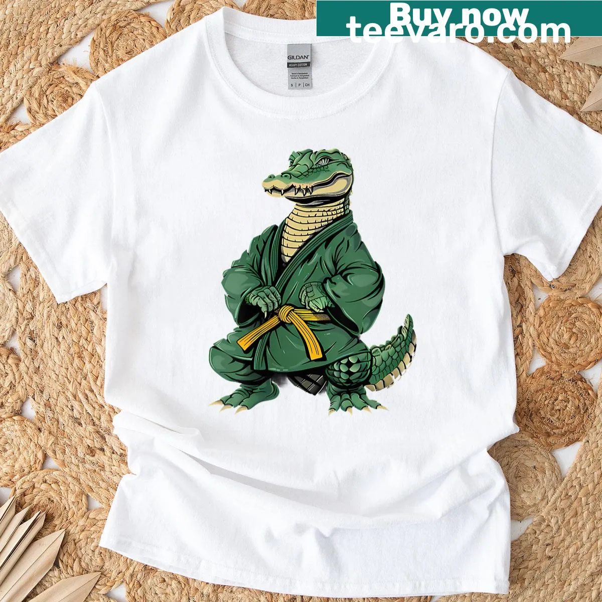 Crocodile in martial arts pose on a t-shirt — on a men's t-shirt