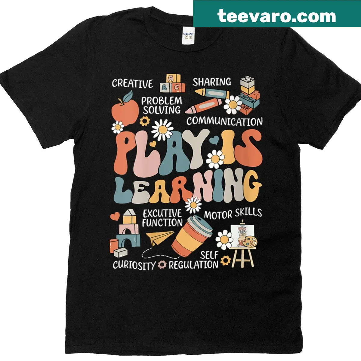 Teacher T-shirt with 'Play Is Learning' illustration — on a men's t-shirt