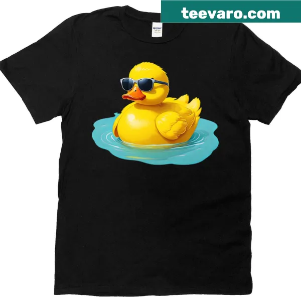 Cute yellow rubber duck wearing sunglasses on a t-shirt