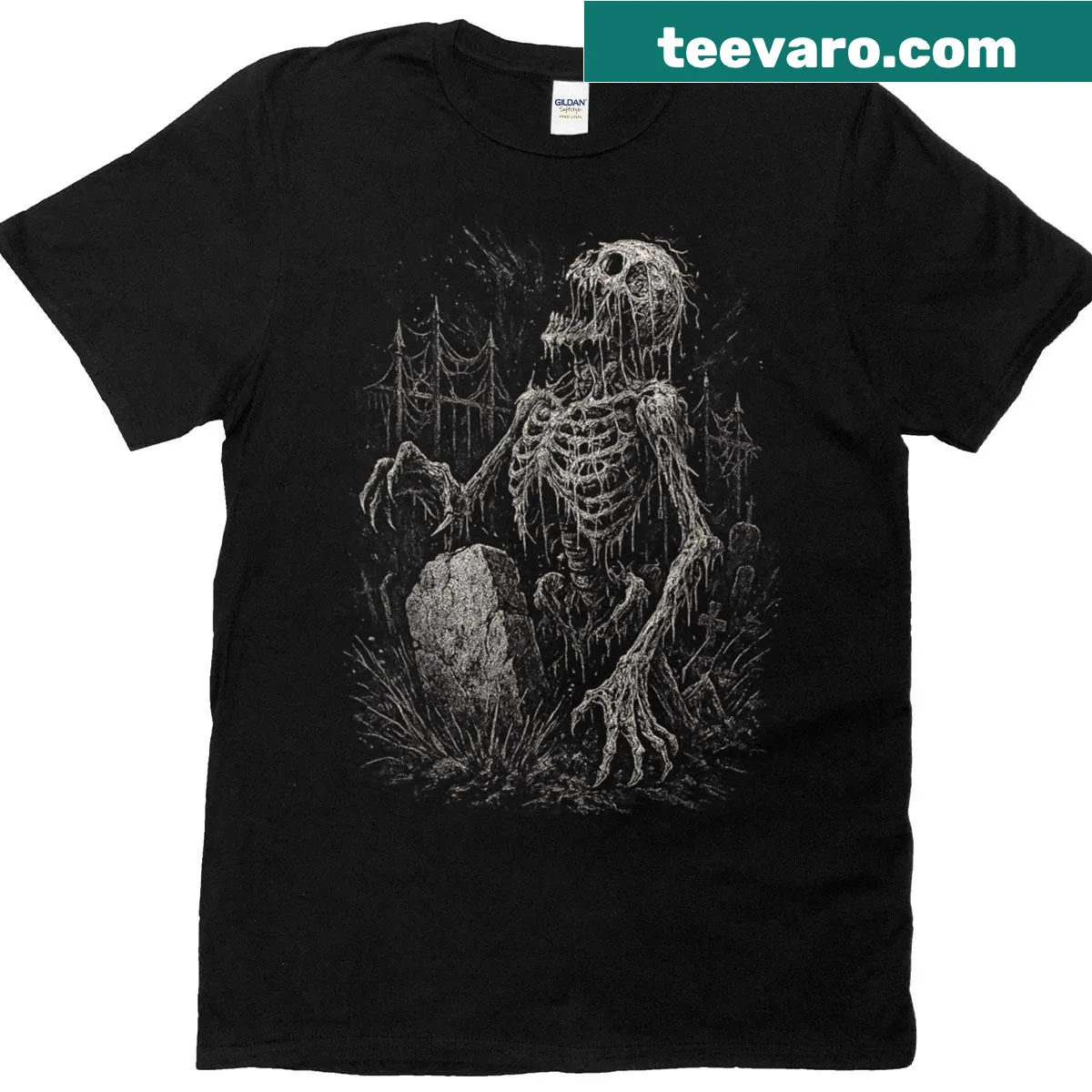 Cartoon-style zombie skeleton graphic on a t-shirt — on a men's t-shirt