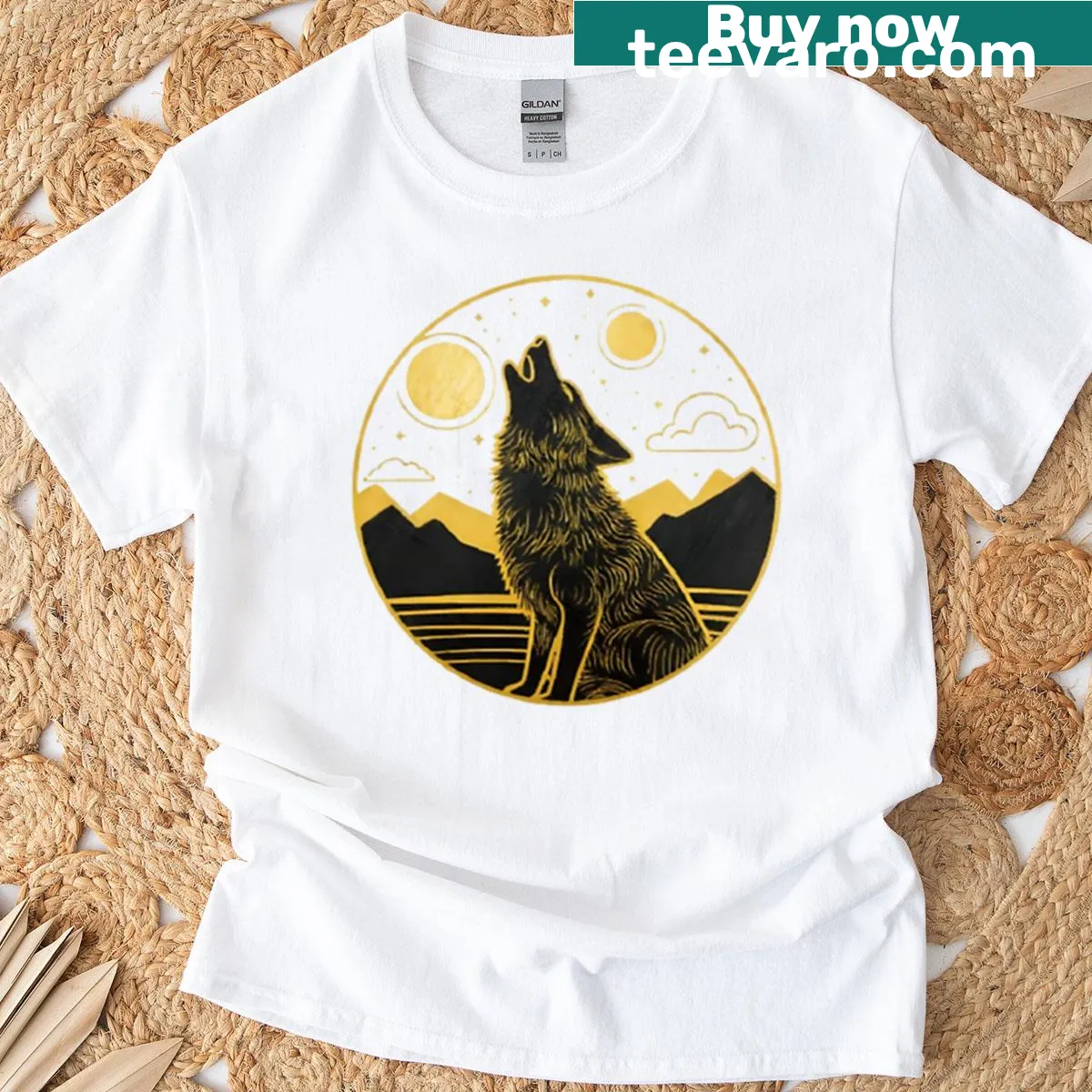 Wolf howling at the moon design on a t-shirt. — on a men's t-shirt