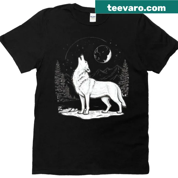 Illustration of a wolf howling at the moon with mountains backdrop.