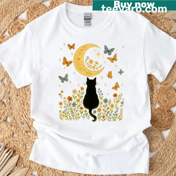 Halloween T-shirt featuring a cute black cat and flowers