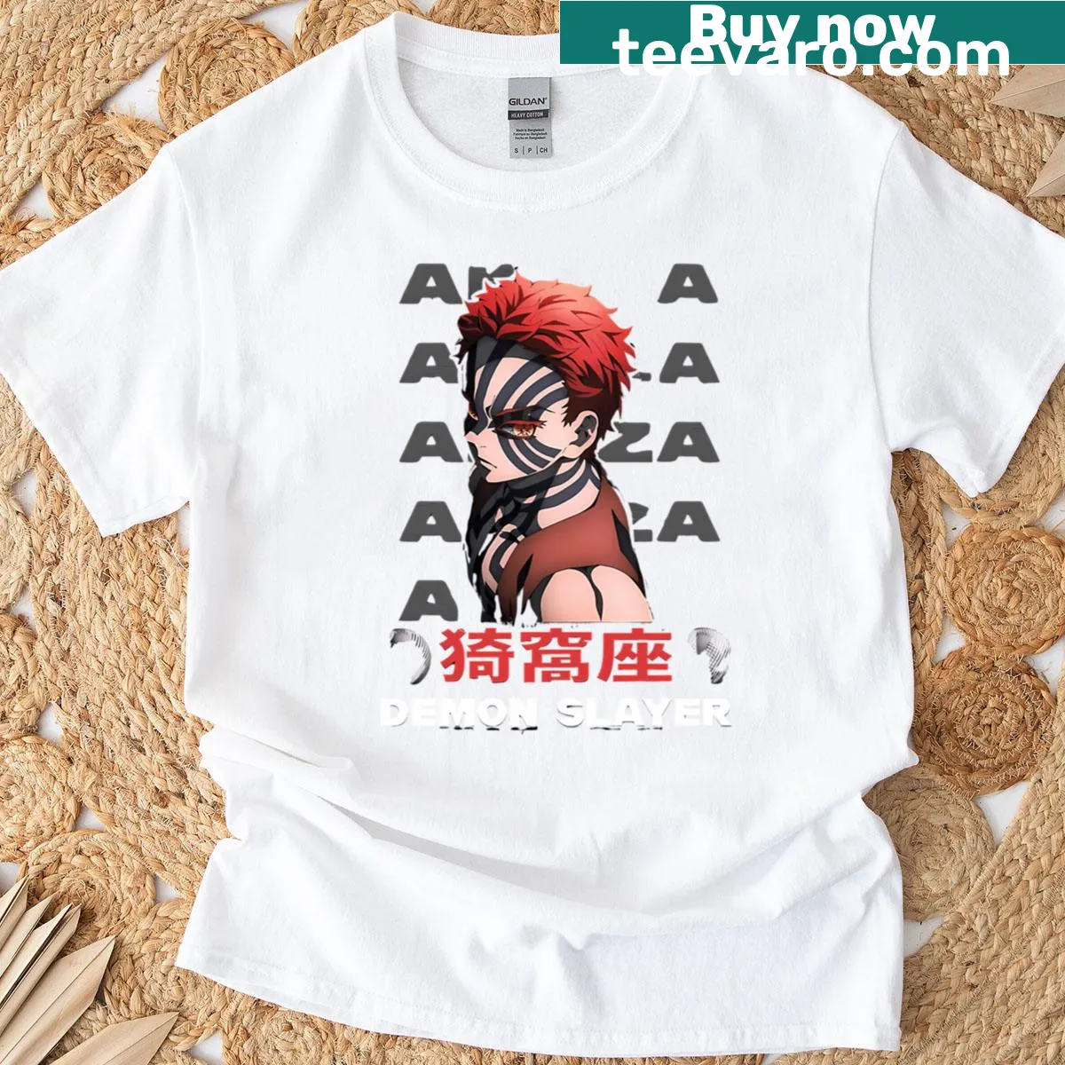 Illustration T-shirt featuring Akaza from anime series with dynamic design — on a men's t-shirt