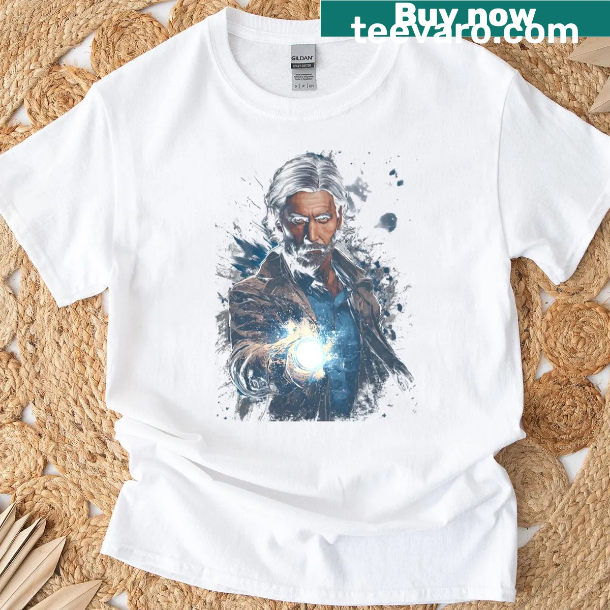 Graphic tee inspired by Alan Wake 2 with a shadowed storyteller theme — on a men's t-shirt
