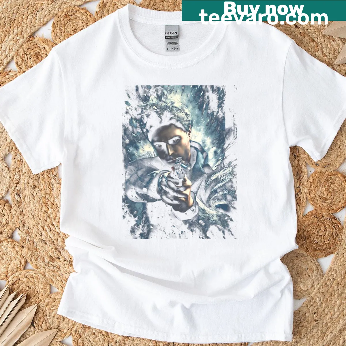 Intricate graphic design inspired by Alan Wake, featuring storytelling themes — on a men's t-shirt