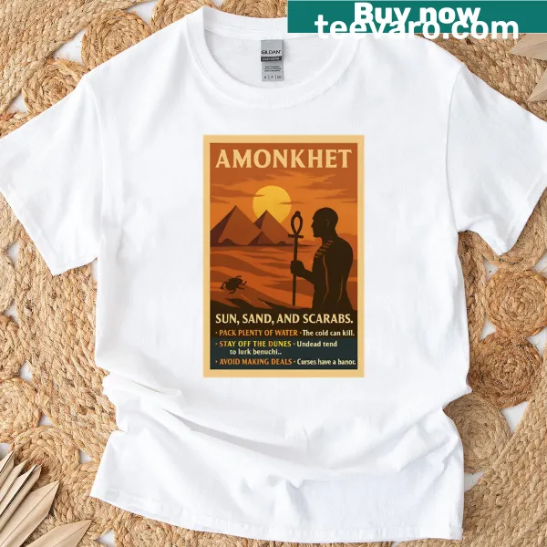 Illustrated design featuring elements from Amonkhet with sun, sand, and scarabs