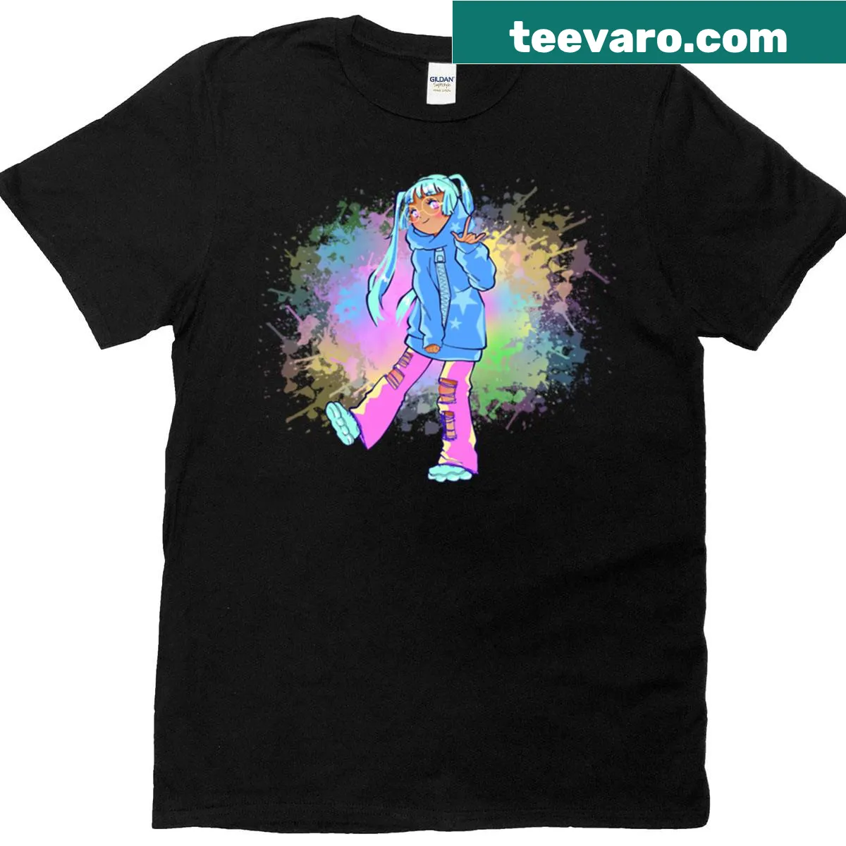 Anime girl graphic t-shirt with graffiti style elements and playful design. — on a men's t-shirt