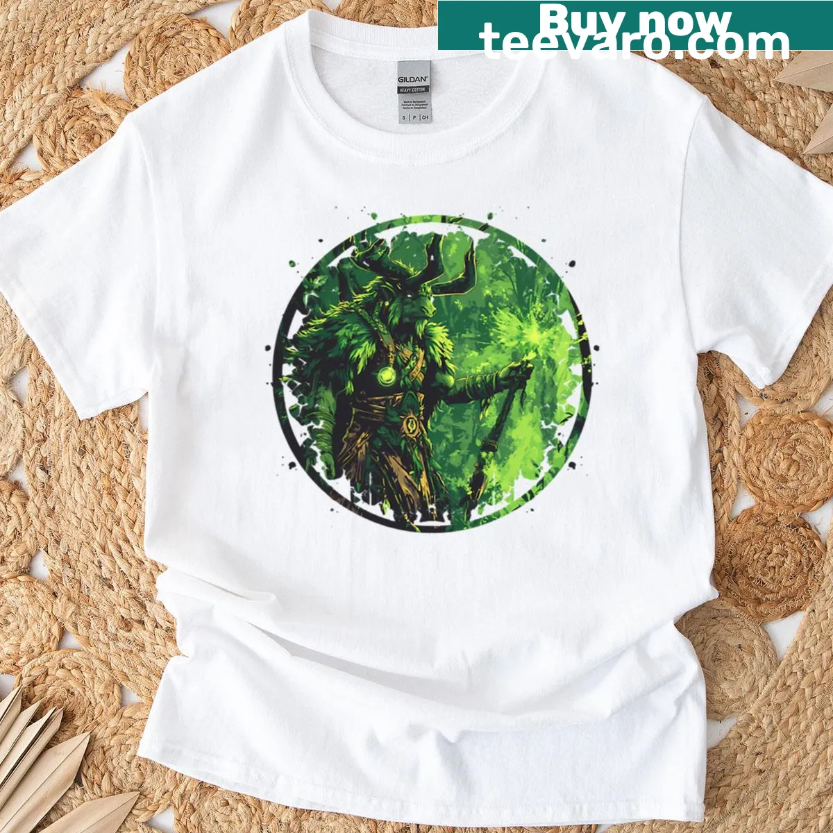 Illustration of an antlered forest shaman with glowing magic on a T-shirt — on a men's t-shirt