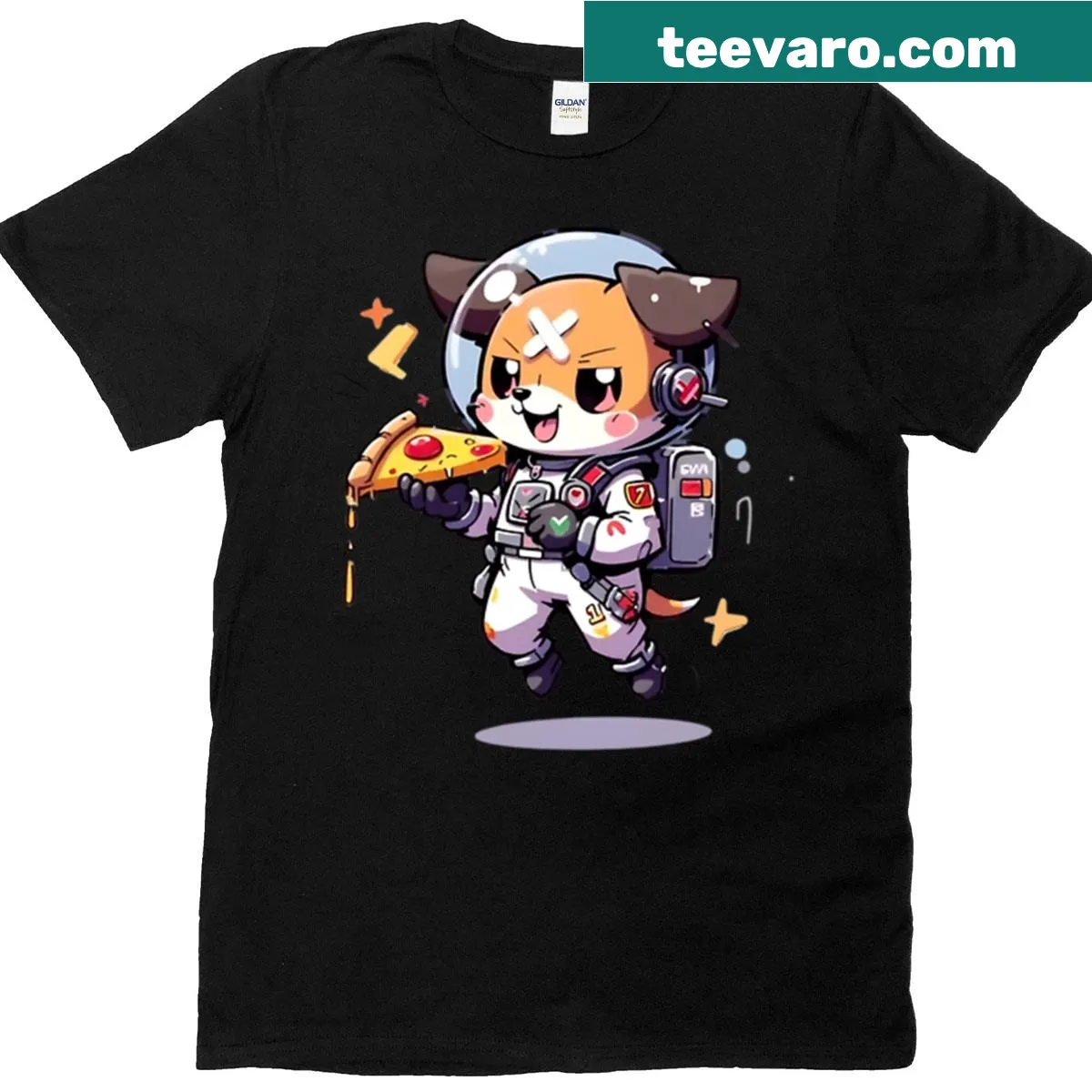 Cute astronaut cat enjoying pizza in space illustration. — on a men's t-shirt