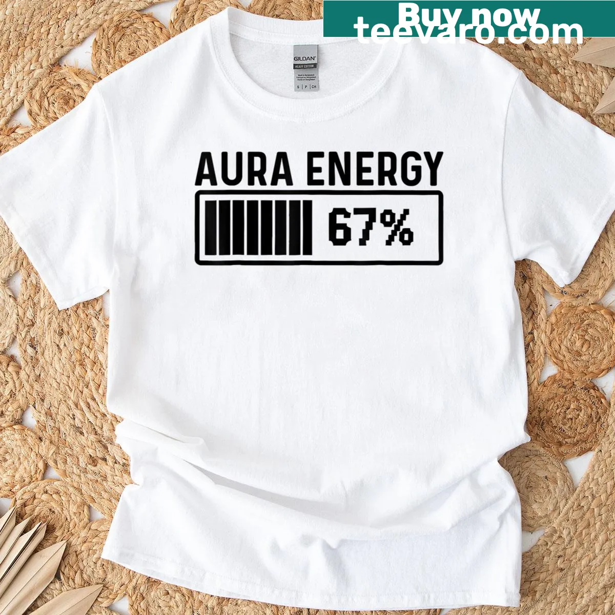 Funny meme t-shirt with 'Aura Energy 67' text — on a men's t-shirt