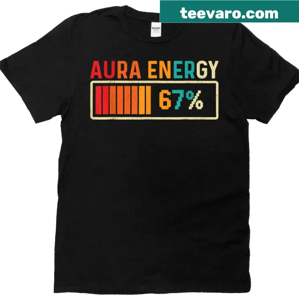 Retro meme-style T-shirt with the phrase 'Aura Energy 67'