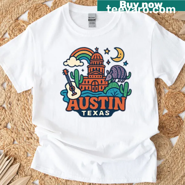 Illustration of iconic Austin Texas elements on a T-shirt