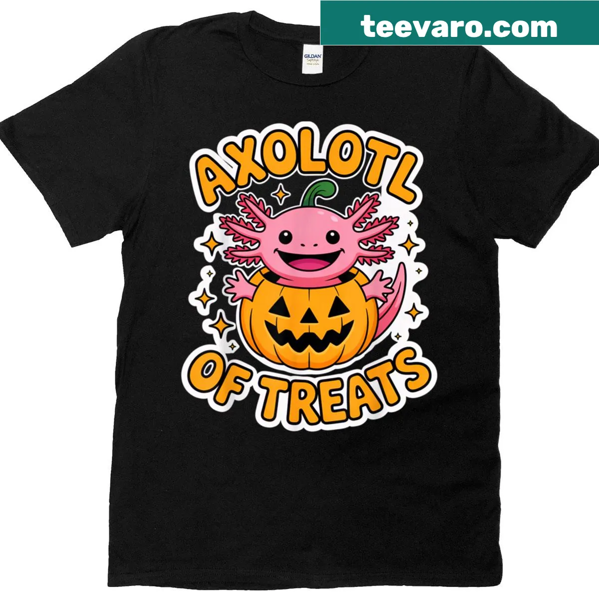 Cute axolotl in pumpkin costume on T-shirt — on a men's t-shirt