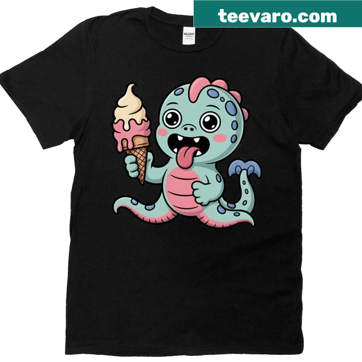Cute baby kraken holding an ice cream cone on T-shirt — on a men's t-shirt