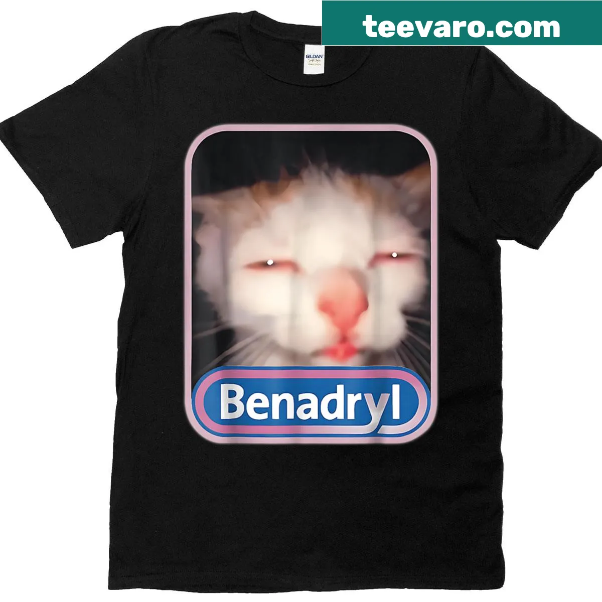 Funny t-shirt with Benadryl cat meme graphic — on a men's t-shirt