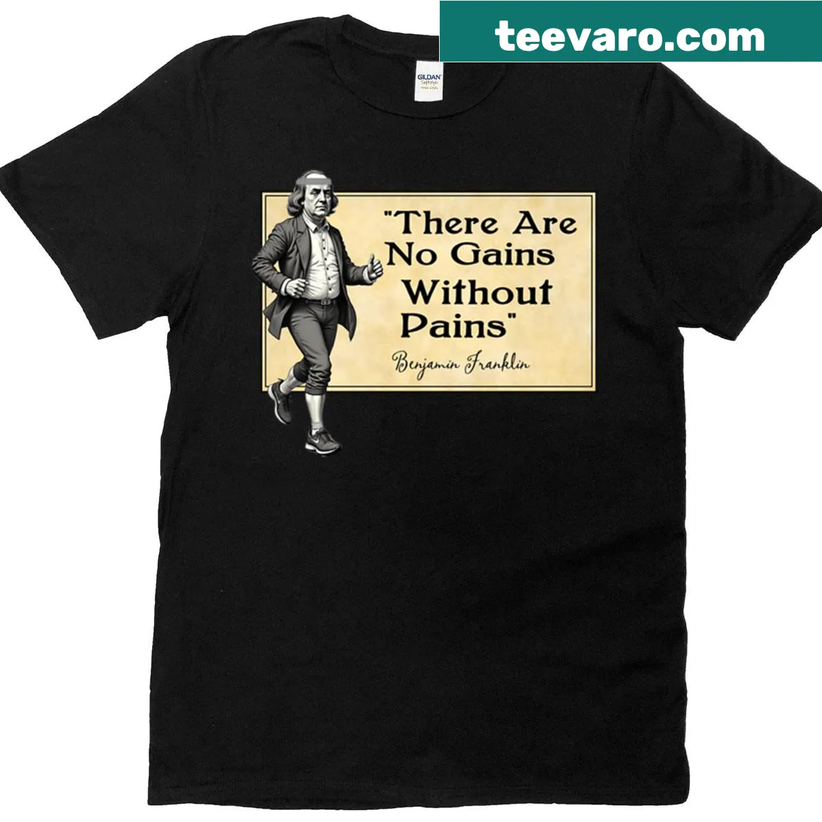 T-shirt with a famous quote by Benjamin Franklin printed on it. — on a men's t-shirt