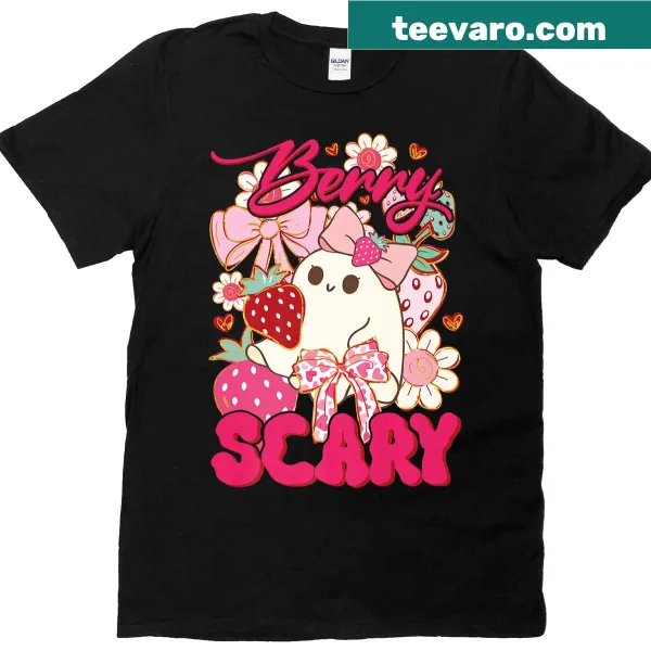 Cute ghost with pink bows and strawberries Halloween T-shirt