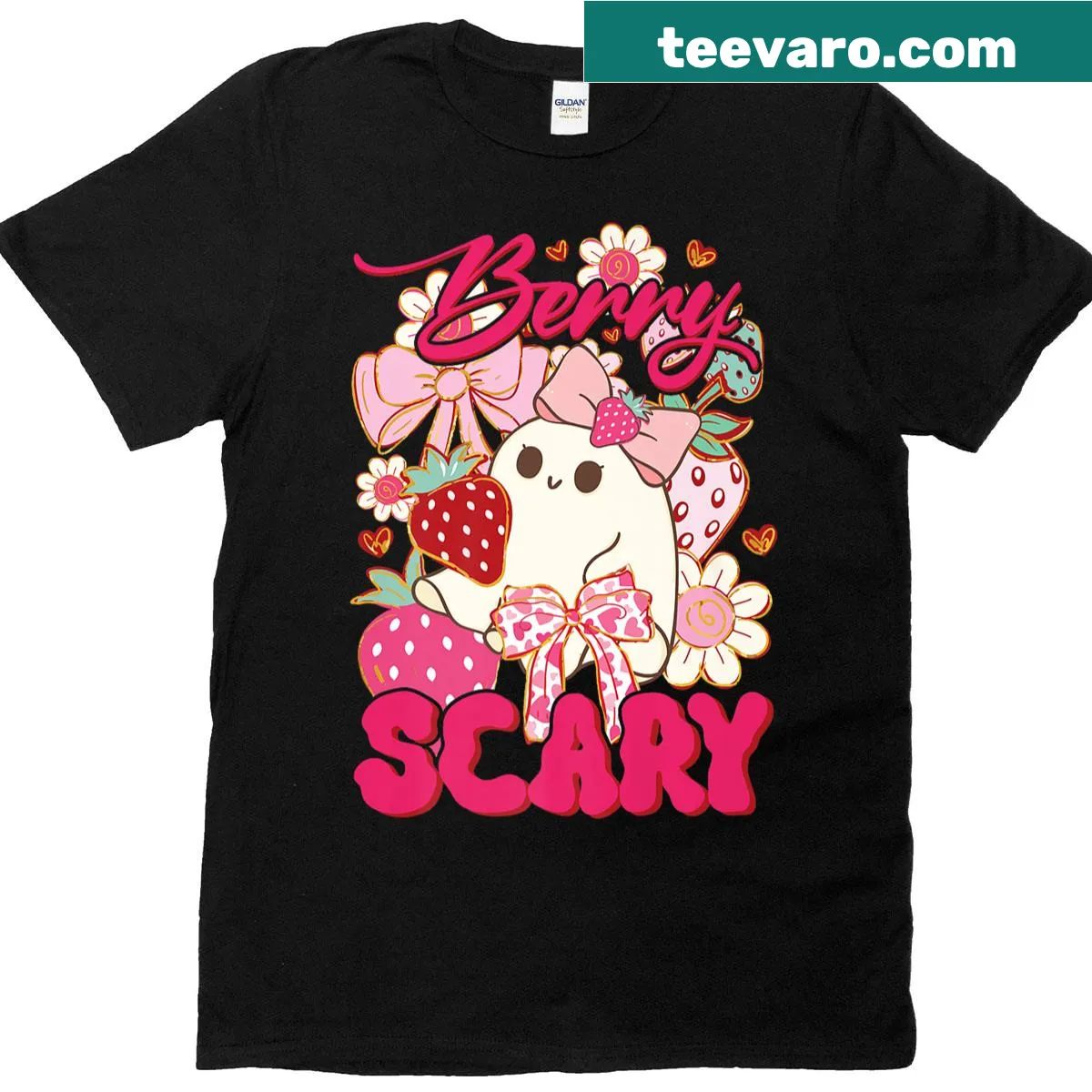 Cute ghost with pink bows and strawberries Halloween T-shirt — on a men's t-shirt