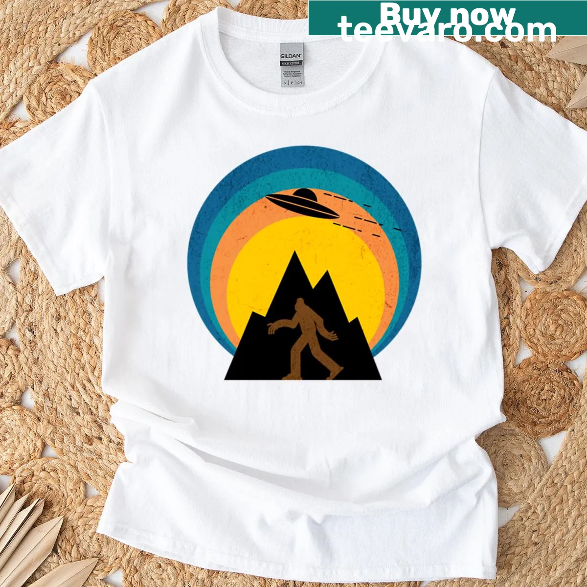 Bigfoot and UFO retro design on a t-shirt. — on a men's t-shirt