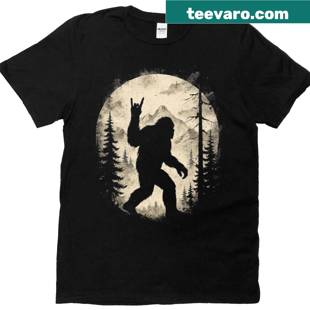 Illustration of Bigfoot in a mountain forest with a playful rock-on pose — on a men's t-shirt