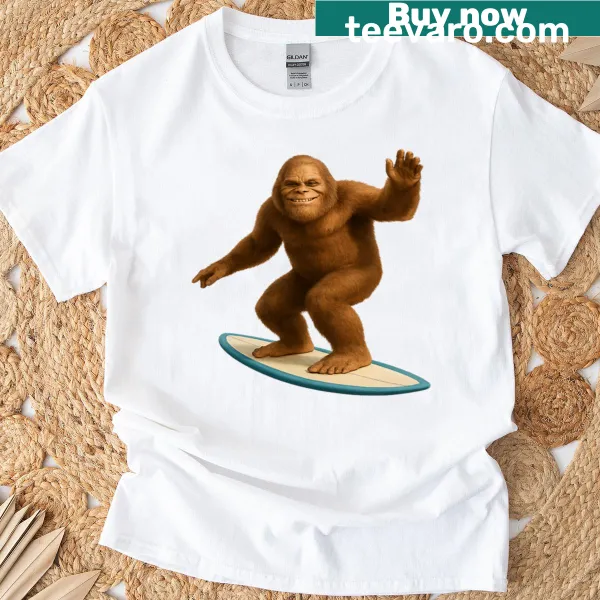 Illustration of Bigfoot surfing a wave on a T-shirt
