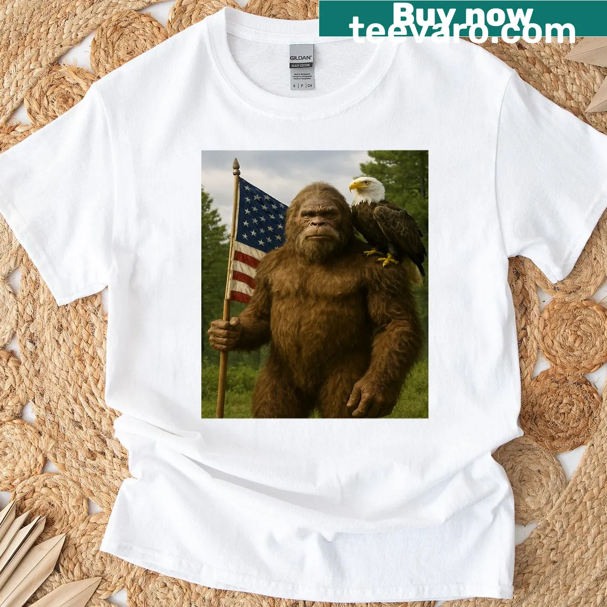 Patriotic Bigfoot illustration with American flags — on a men's t-shirt
