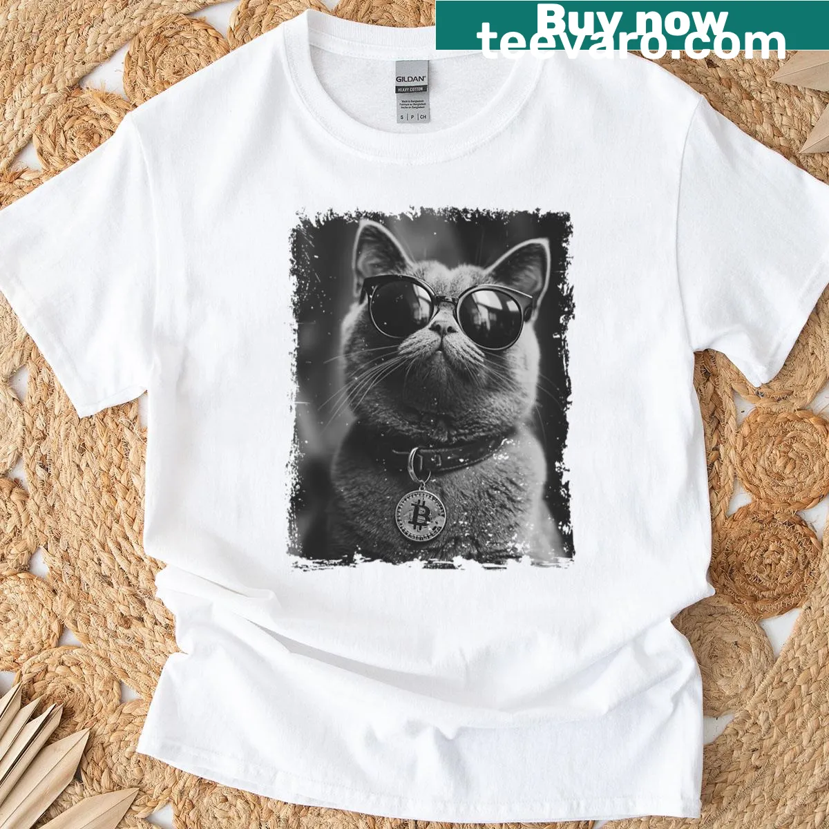 Whimsical cat in sunglasses graphic on a stylish T-shirt — on a men's t-shirt