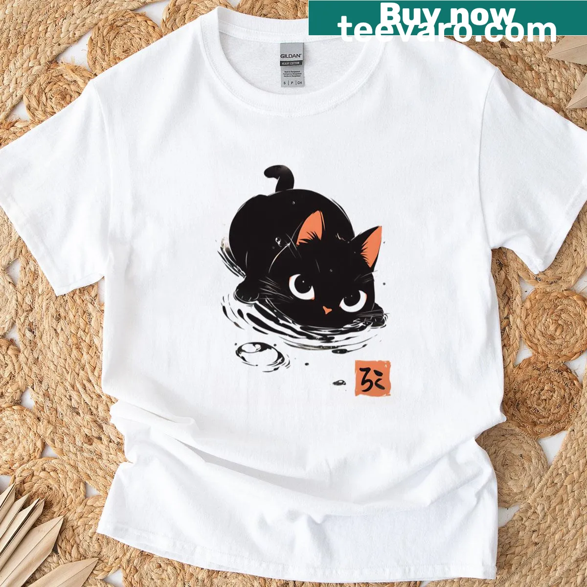 Illustration of a black cat swimming on a t-shirt — on a men's t-shirt
