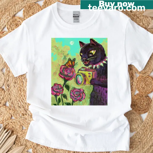 Whimsical black cat taking pictures of roses on a t-shirt