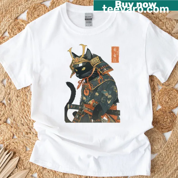 Illustration of a black kat samurai on a T-shirt