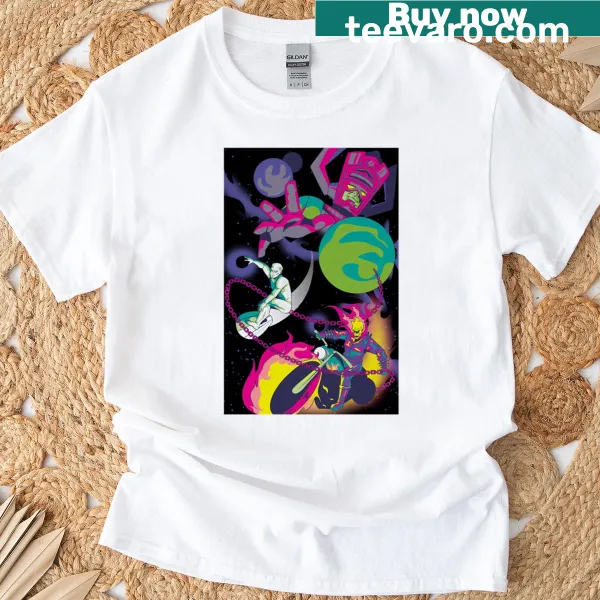 T-shirt featuring playful blacklight heroes in a cartoon style.