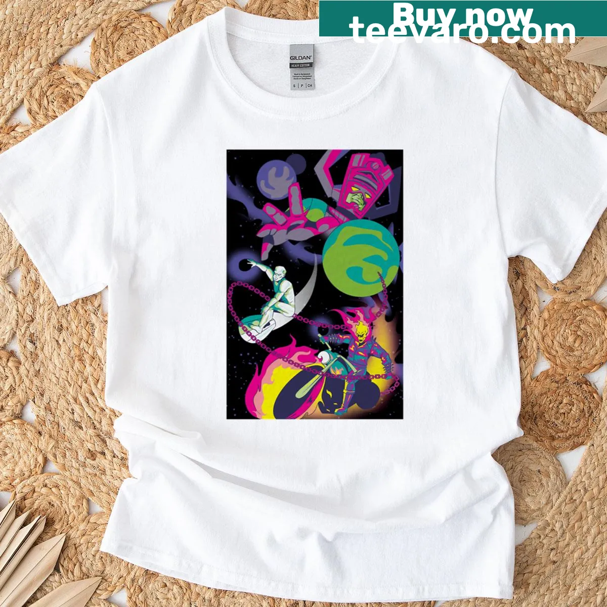 T-shirt featuring playful blacklight heroes in a cartoon style. — on a men's t-shirt