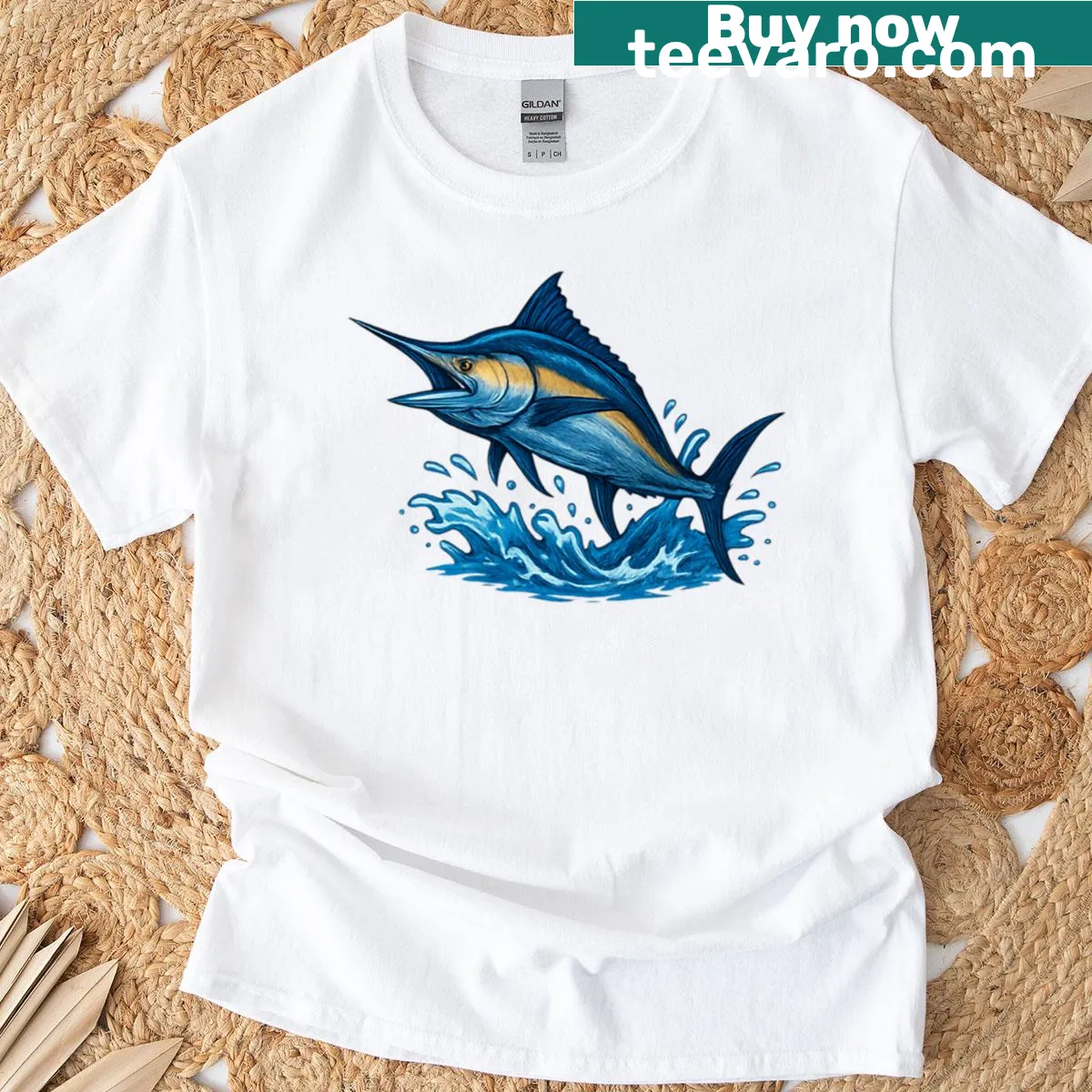 Sportfishing T-shirt featuring leaping blue marlin illustration — on a men's t-shirt
