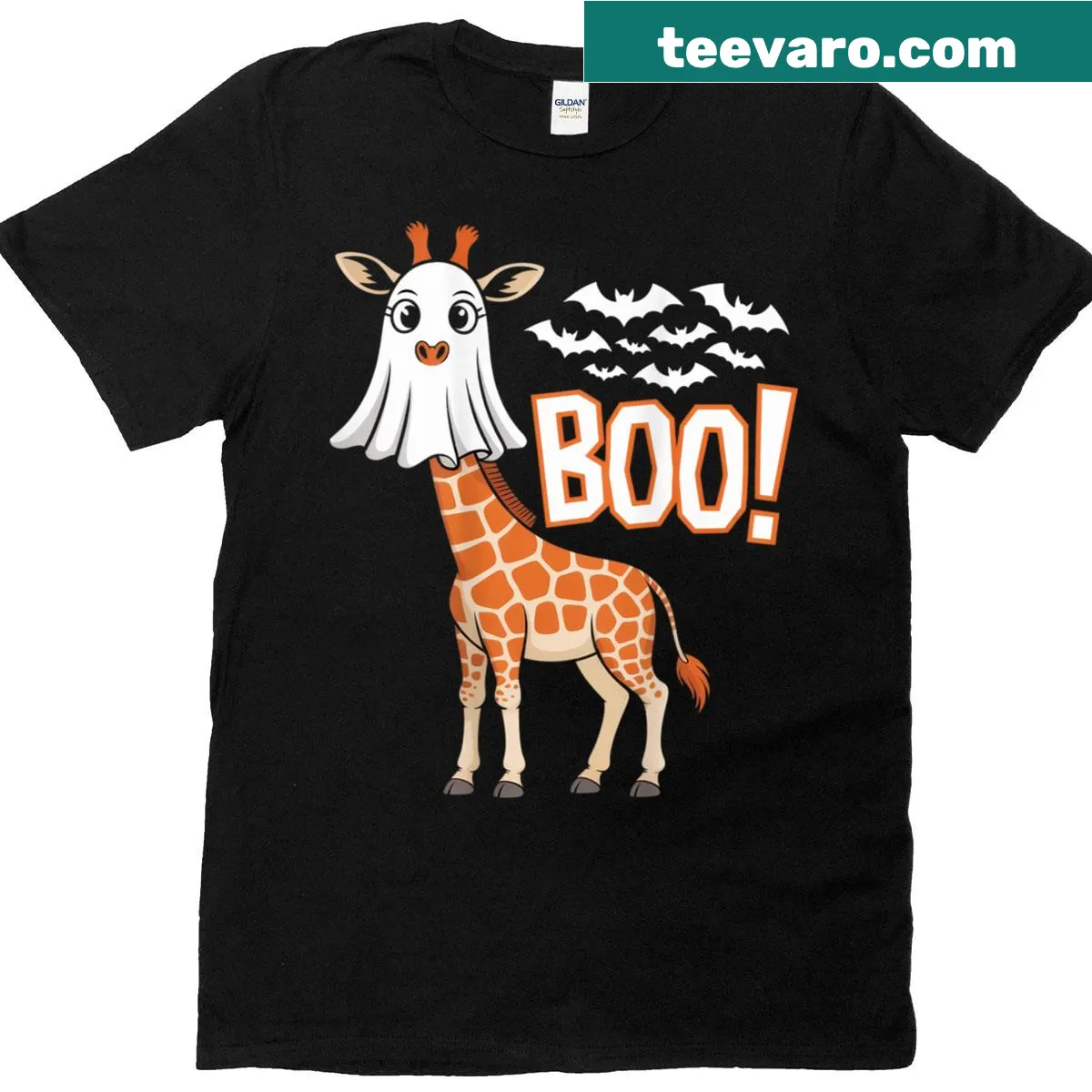 Kids' Halloween T-shirt with a cartoon giraffe in costume and Boo text — on a men's t-shirt
