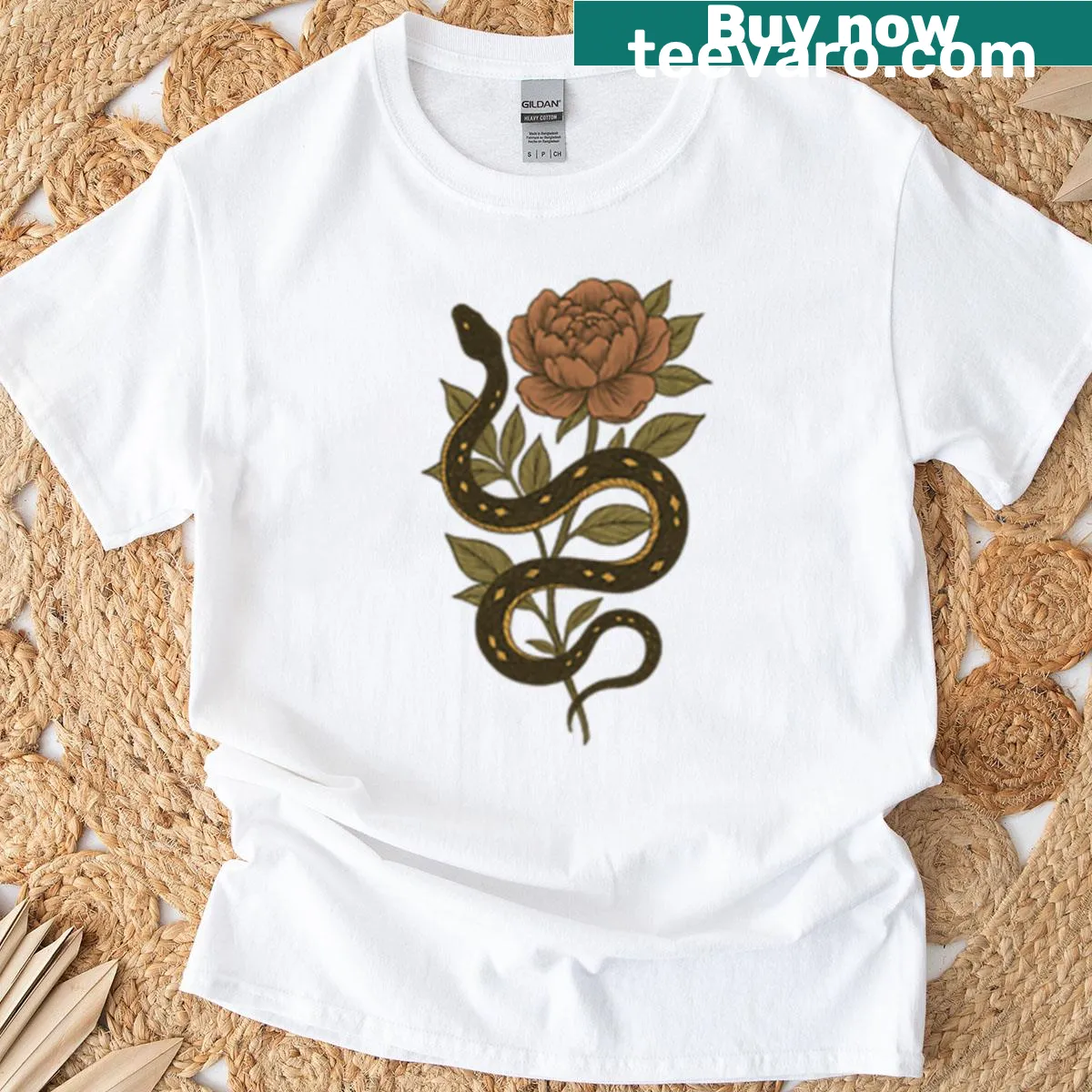 Vintage Botanical Snake Tarot Card T-shirt with peony design — on a men's t-shirt