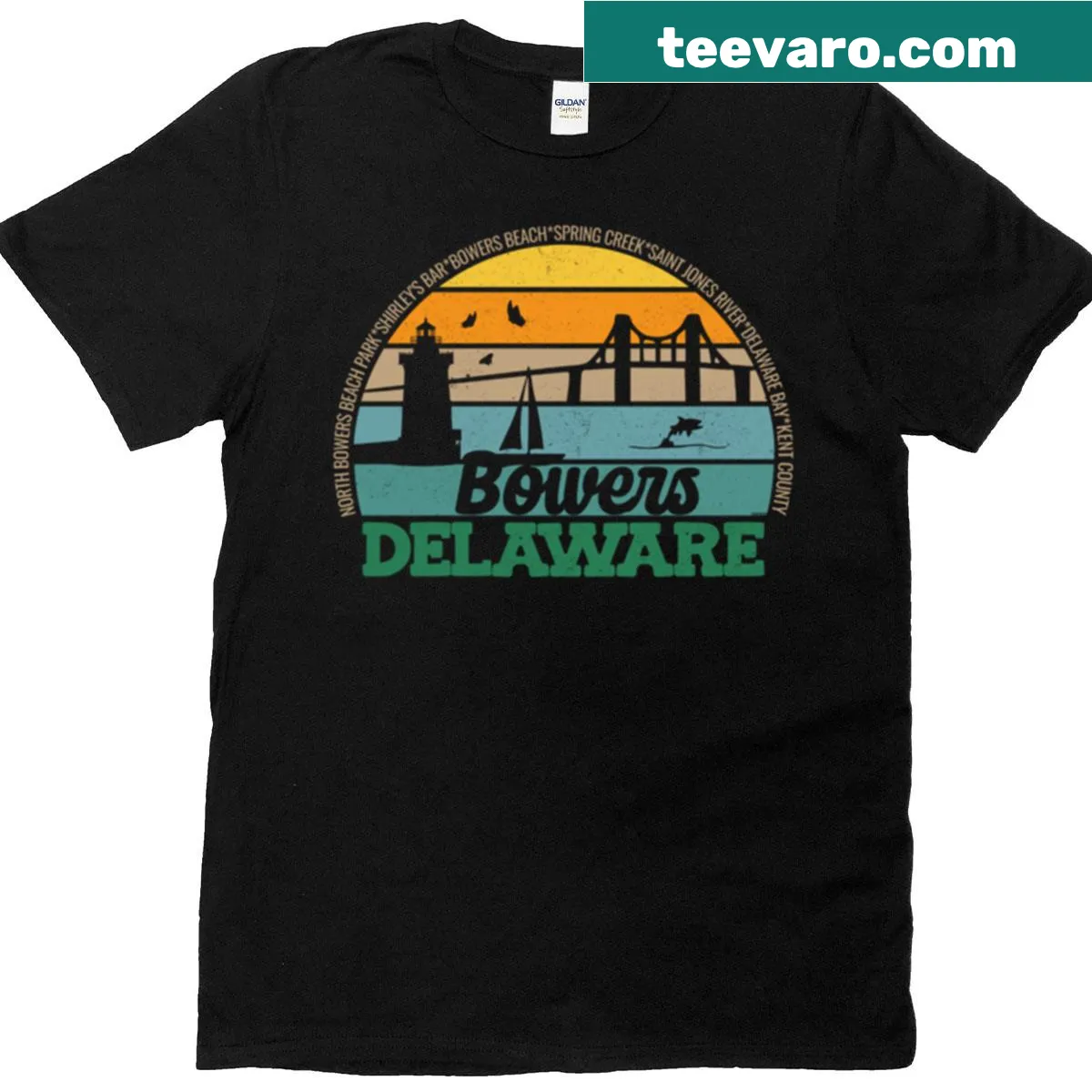Retro sunset Bowers Delaware local pride logo T-shirt. — on a men's t-shirt