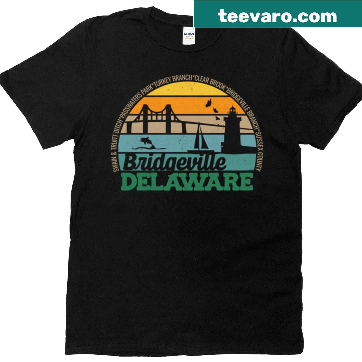 Retro t-shirt featuring a Bridgeville Delaware logo and sunset design. — on a men's t-shirt