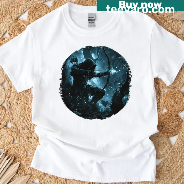 Archer in a shadowy forest graphic illustrated on a t-shirt
