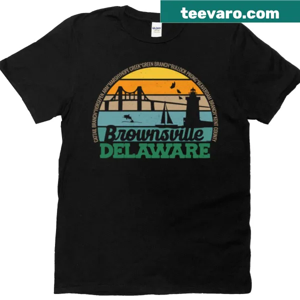 Vintage-style Brownsville Delaware t-shirt with retro sunset logo
