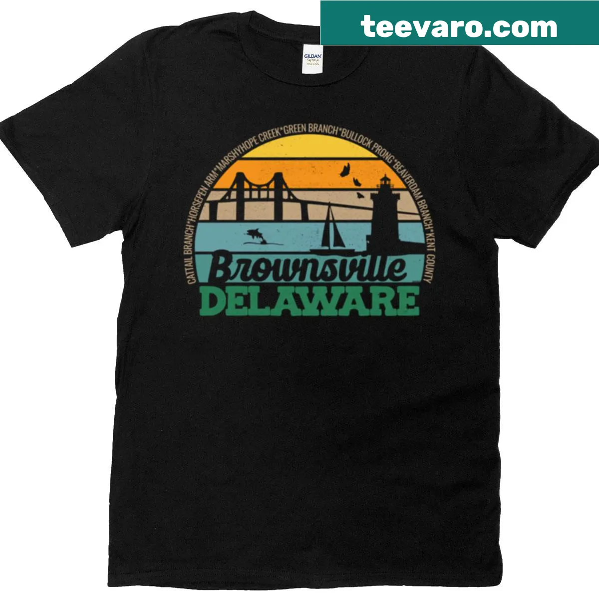 Vintage-style Brownsville Delaware t-shirt with retro sunset logo — on a men's t-shirt