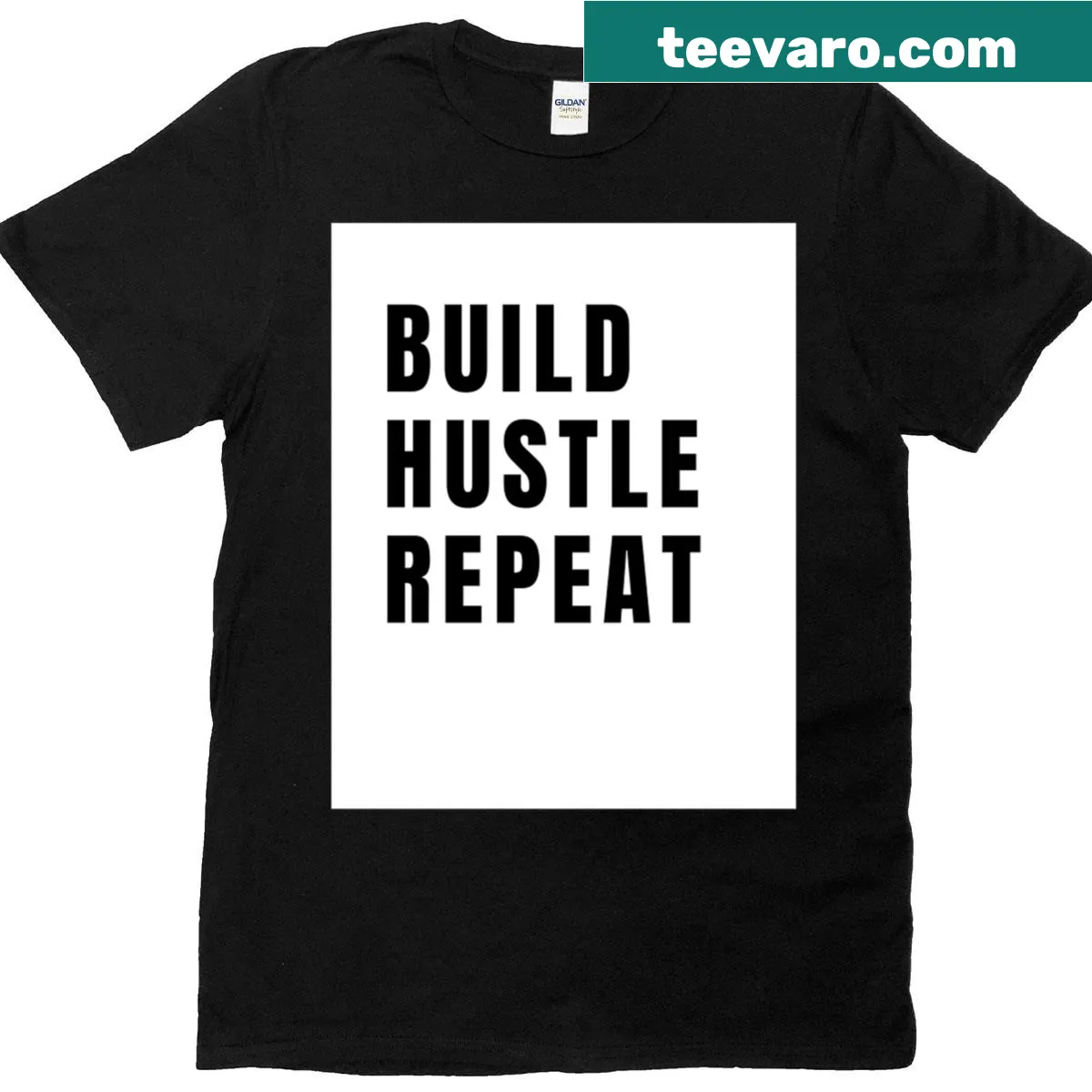 Motivational t-shirt with 'Build Hustle Repeat' in bold text — on a men's t-shirt